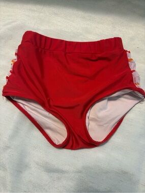 Girls Size 4T Ruffle Swim Bottoms Red, orange and pink  Stripe Rash Guard Bikini